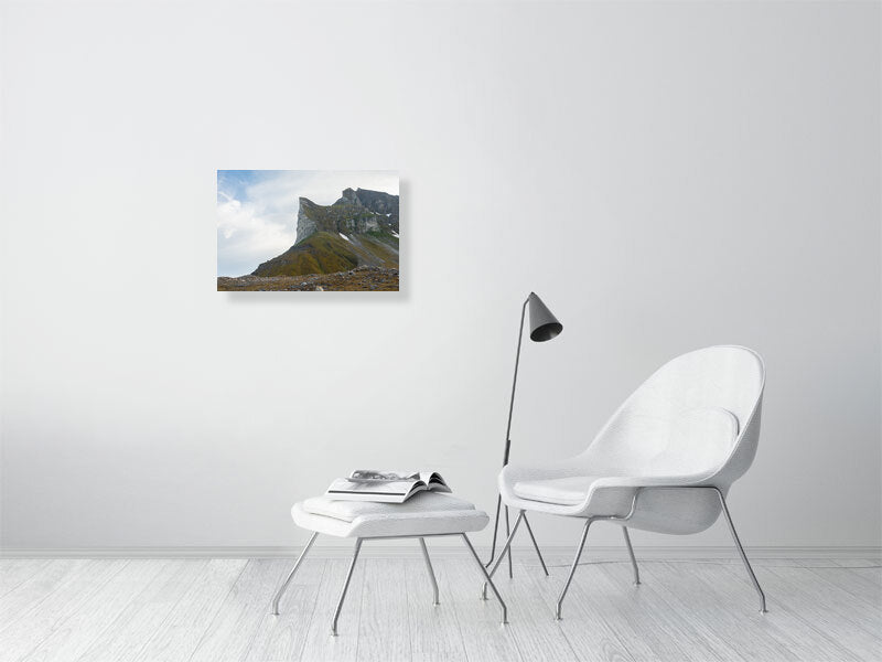 Mockup of a large print of the mountain hanging on a white wall