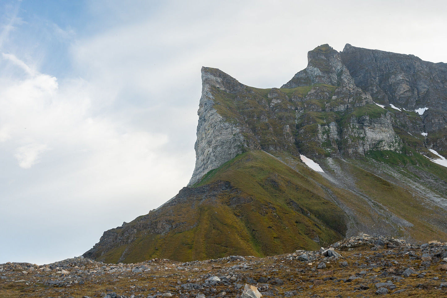 Mountain where the left side is a steep rocky cliff, white from the bird poop, and the bottom is green moss and grass.