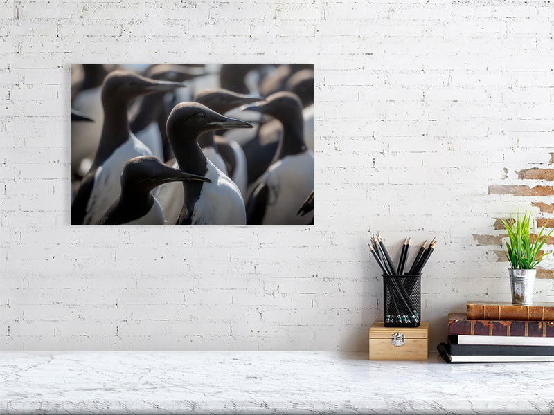 Print of a group of common murres, hanging on a white brick wall