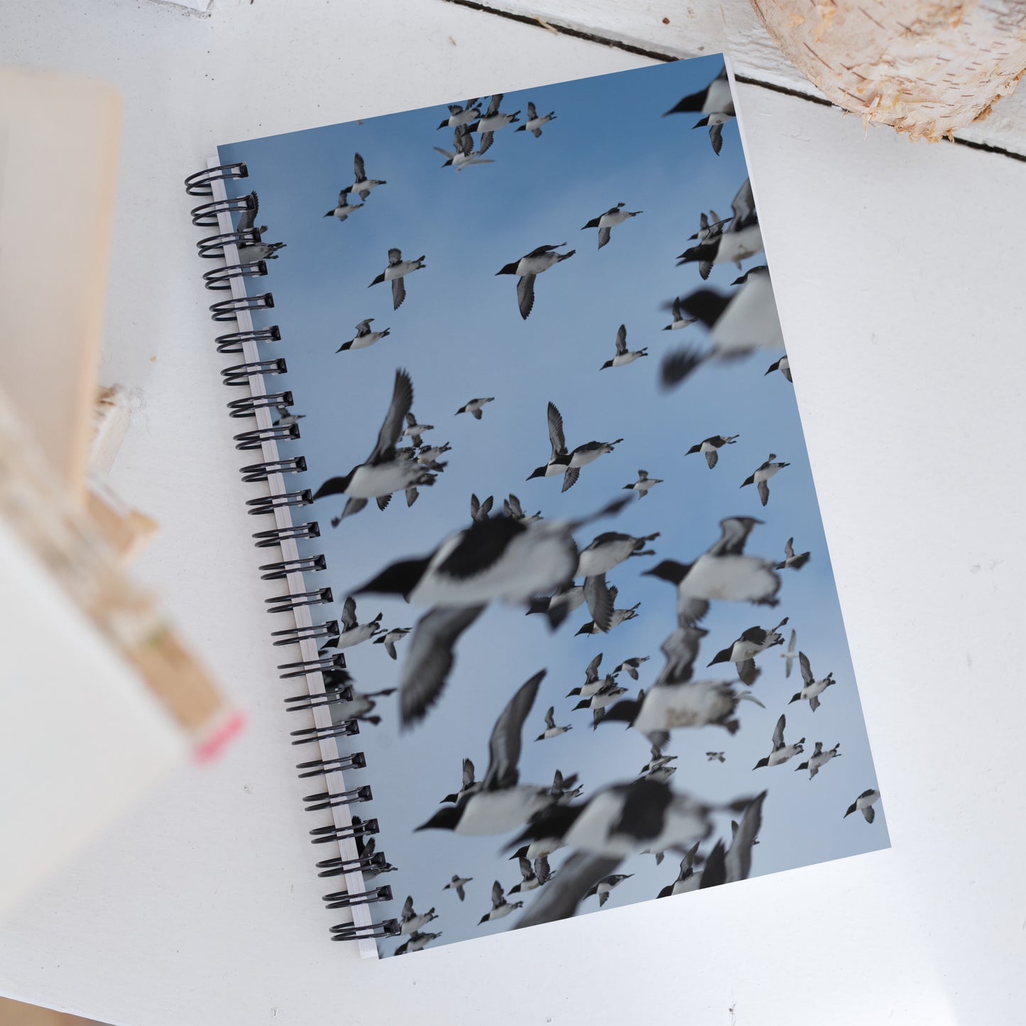 Spiral notebook with a photo of hundreds of auks in flight on the cover. The notebook is laying on a white table.
