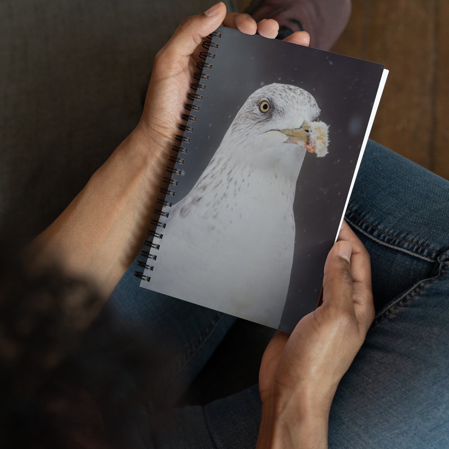 Gulliver the herring gull in the snow | Spiral notebook