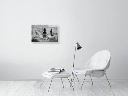 Large sized print of the crow gang, hanging on a white wall with a chair in the foreground