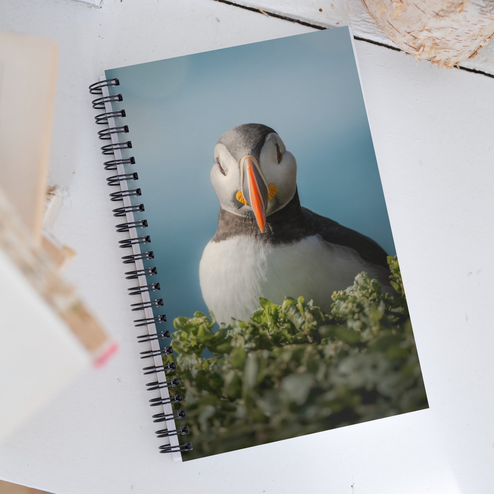 Spiral notebook with on the cover an atlantic puffin looking straight at the camera. The puffin is sitting in green vegetation, and behind him there is ablue sea snd sky that's out of focus, with some bokeh.